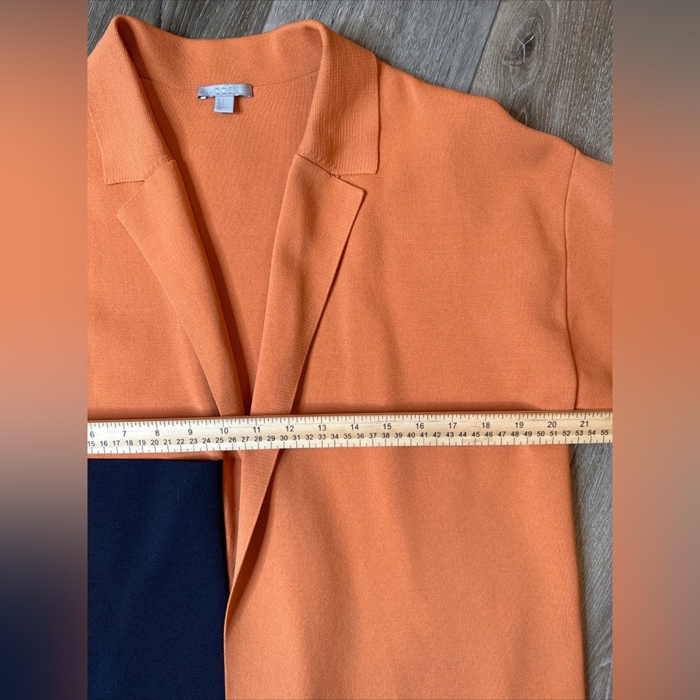 COS Colorblock Huge Pocket Knit Open Front Boxy Jacket Orange Navy Blue Sz S EUC - Picture 7 of 10
